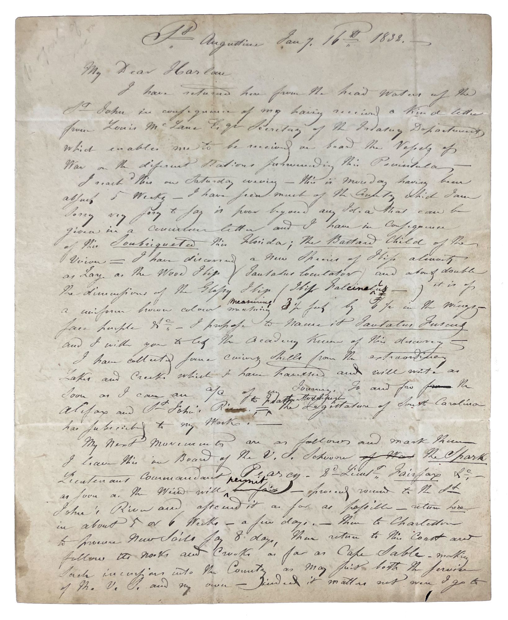 Item #41245 Autograph letter signed "J. J. Audubon" to naturalist Richard Harlan, discussing Audubon's publication of "The Birds of America". John James AUDUBON.